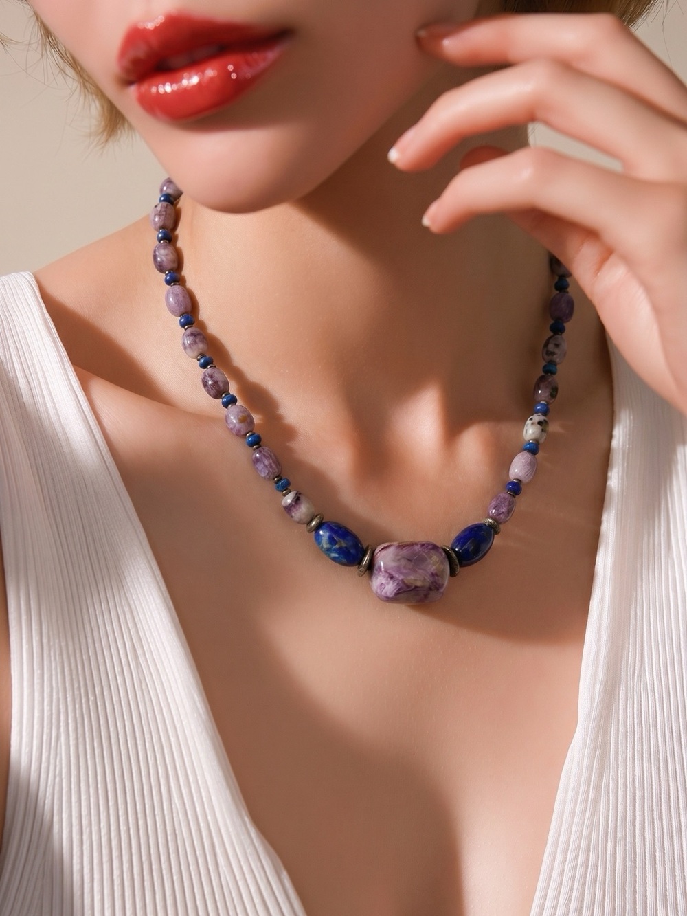 Cindy Lou Sterling Silver Charoite Lapis Lazuli Artisan Necklace 16” Iridescent